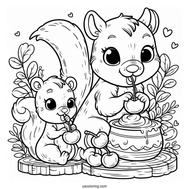 Mother And Son Cartoon Squirrel Coloring Page Eating Cherrie