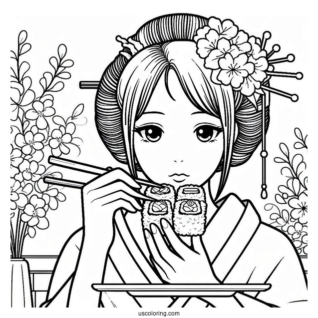 Japanese Women Eating Sushi Coloring Pages