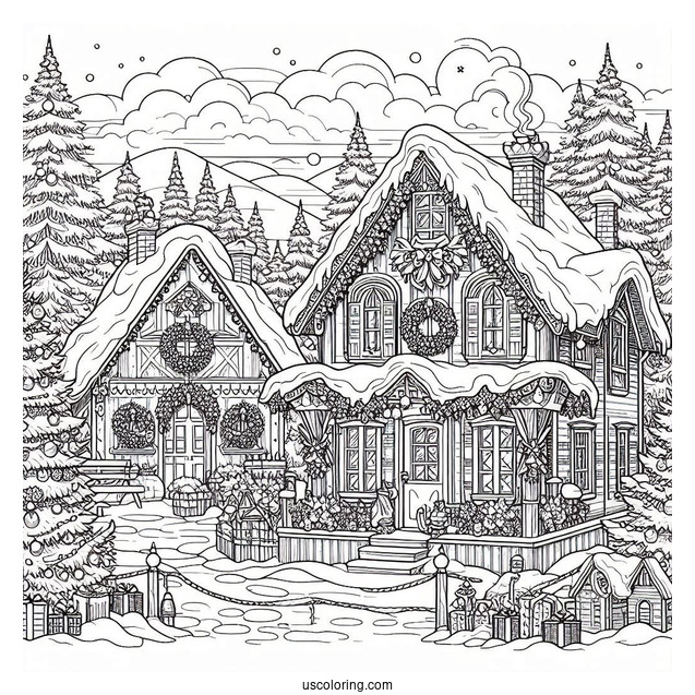 Christmas Coloring Pages For Adults Of Detailed Landscape Of Houses In Christmas Winter Wonderland