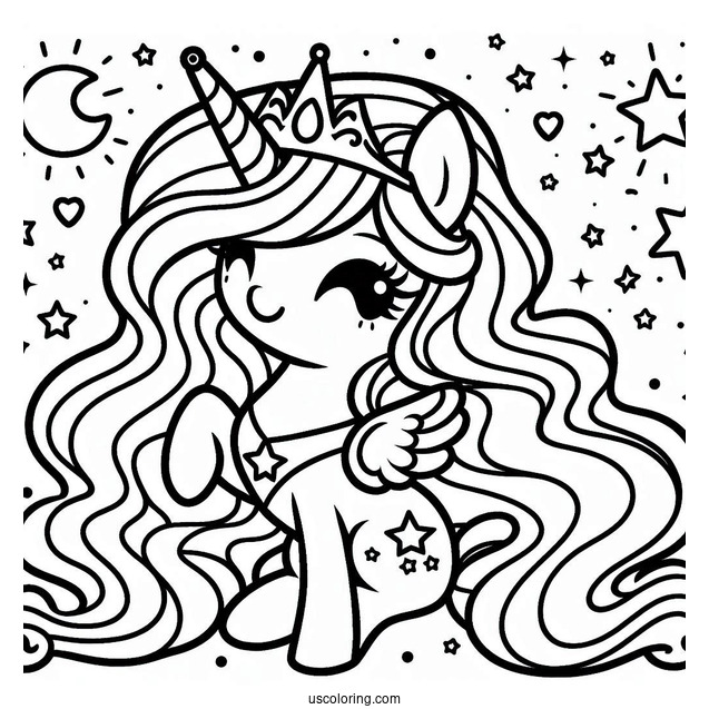 Kawaii Princess Celestia Coloring Page With Stars For Preschoolers