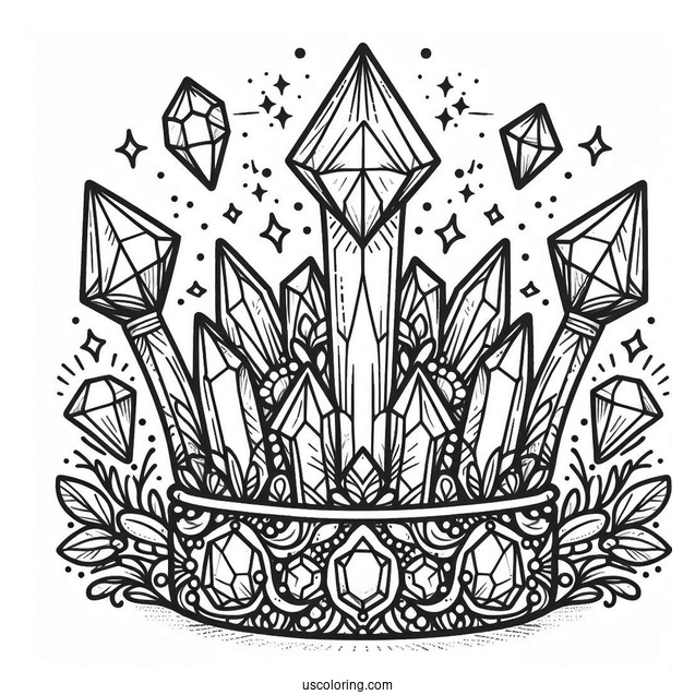 Crystal Crown Coloring Page in a Glittering Gemstone Cave