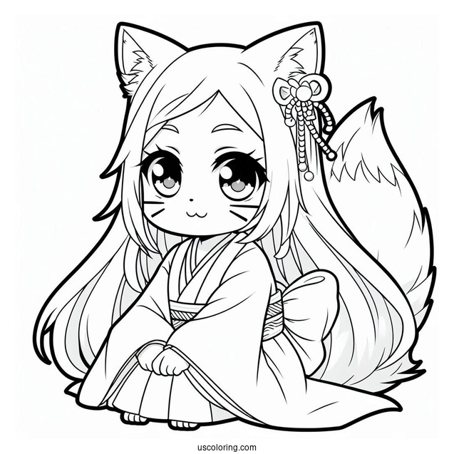 Cute Nezuko Coloring Page With Cat Ears And Tail