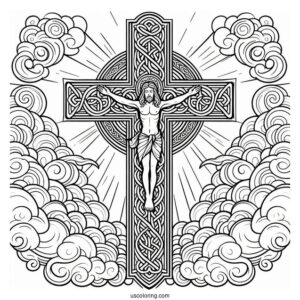 Detailed Celtic Cross Coloring Page In The Clouds With Jesus At The Center