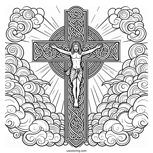 Detailed Celtic Cross Coloring Page In The Clouds With Jesus At The Center