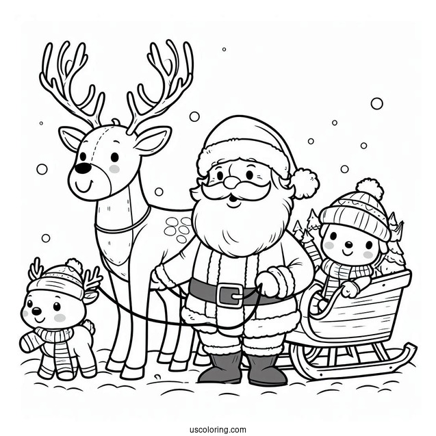 Easy Santa And His Reindeer To Color For Preschoolers