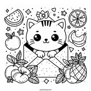 Cute Coloring Page Cat Inside An Envelope Surrounded By Fruits And Letters