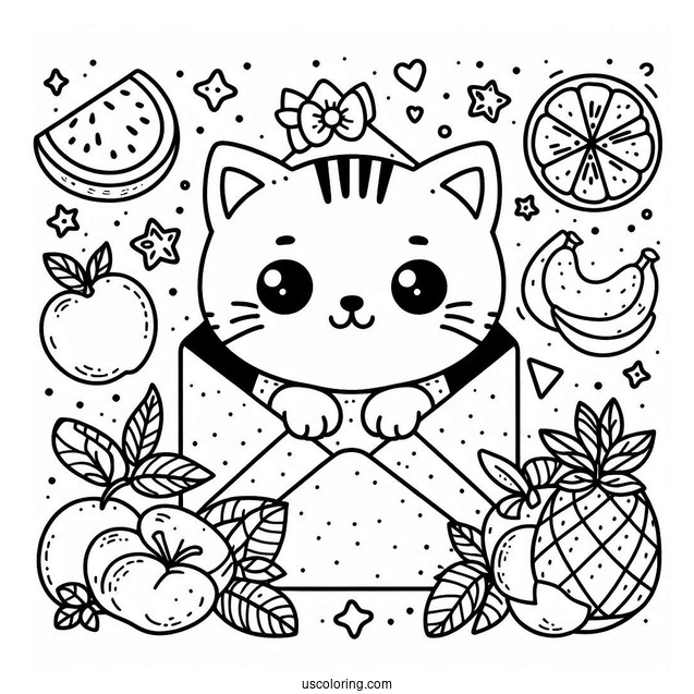 Cute Coloring Page Cat Inside An Envelope Surrounded By Fruits And Letters