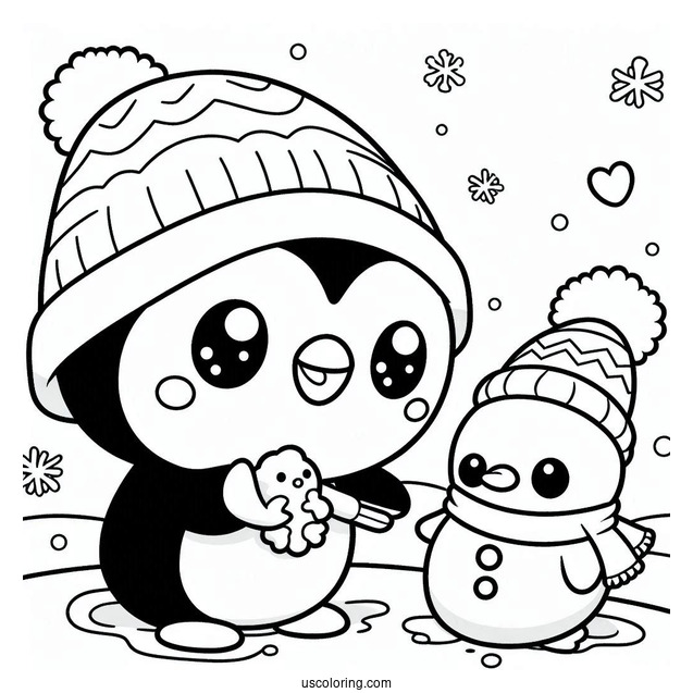Pochacco Coloring Page And Penguin Making Snow Man For Kids