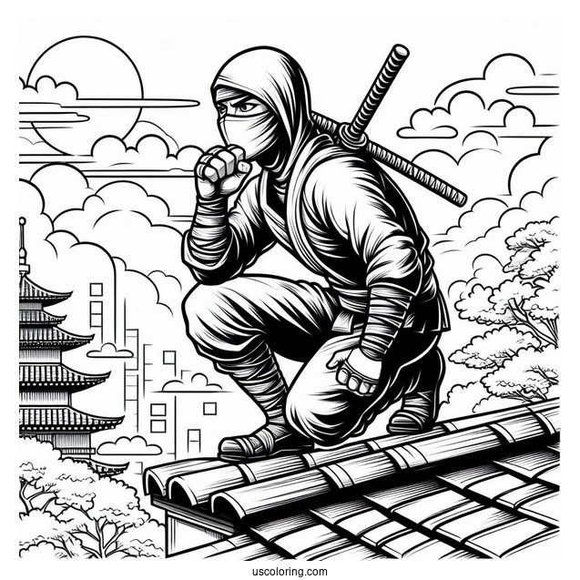 Ninja Crouched On A Roof Coloring Sheet