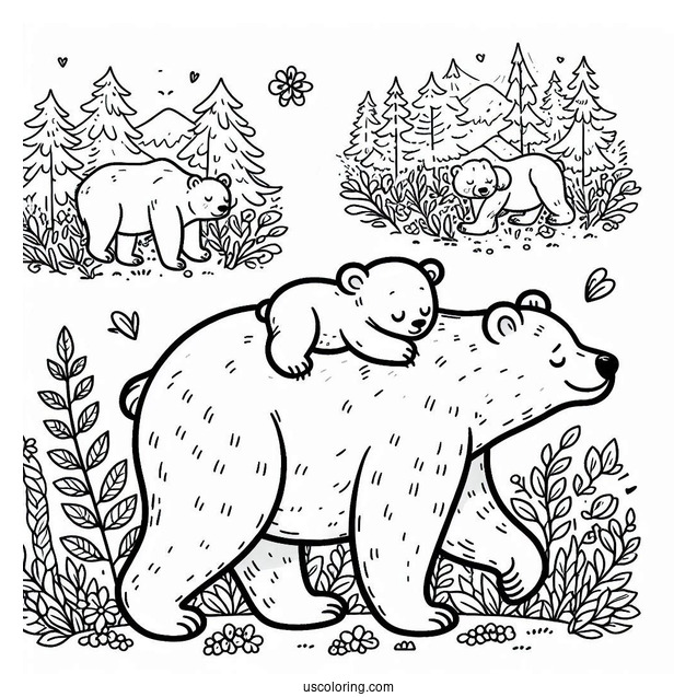 Bear Coloring Page Of Cub Sleeping On Mama Bear s Back While She s Walking