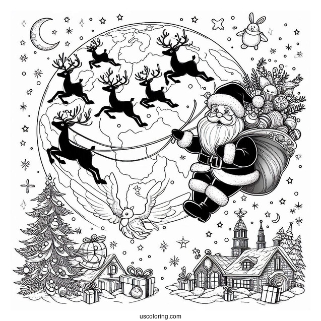 Santa And Reindeer Flying Around The World The Night Before Christmas