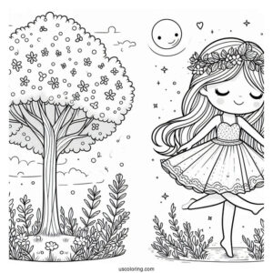 Woman Dancing Under A Tree Cute Coloring Page