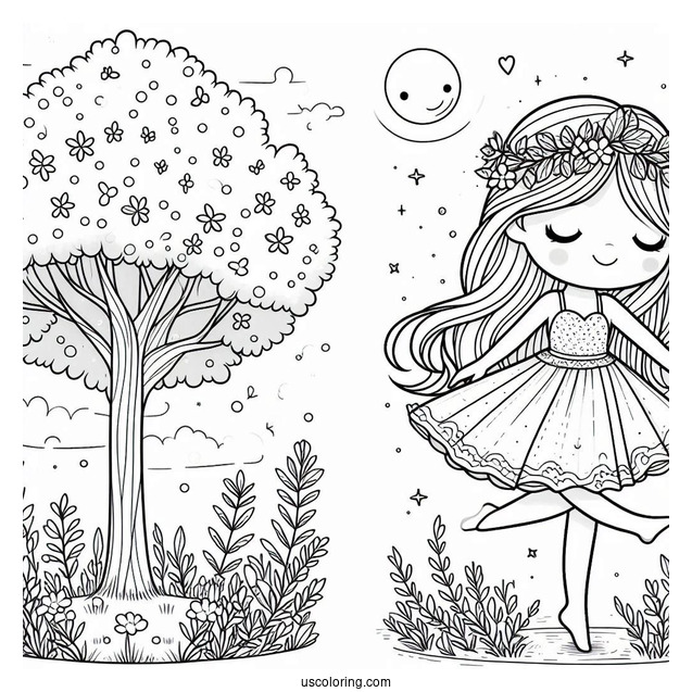 Woman Dancing Under A Tree Cute Coloring Page