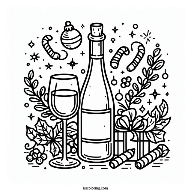 New Year Coloring Page Of Wine Bottle And Glasses