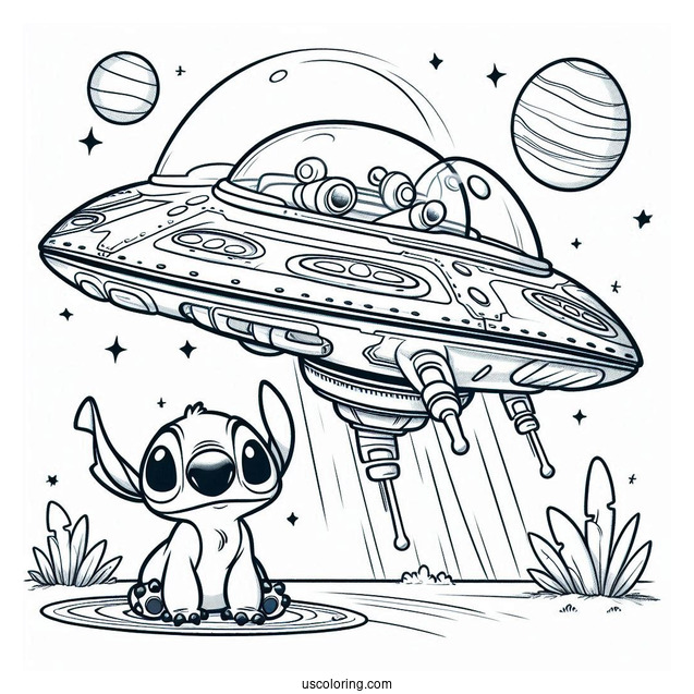 Lilo & Stitch Coloring Page Of Alien Spaceship In Outer Space
