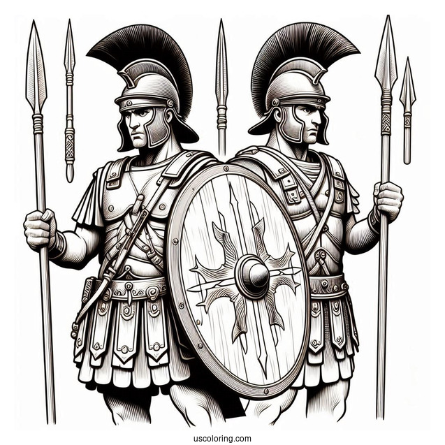 Realistic Roman Soldier Coloring Page With Shield And Spears