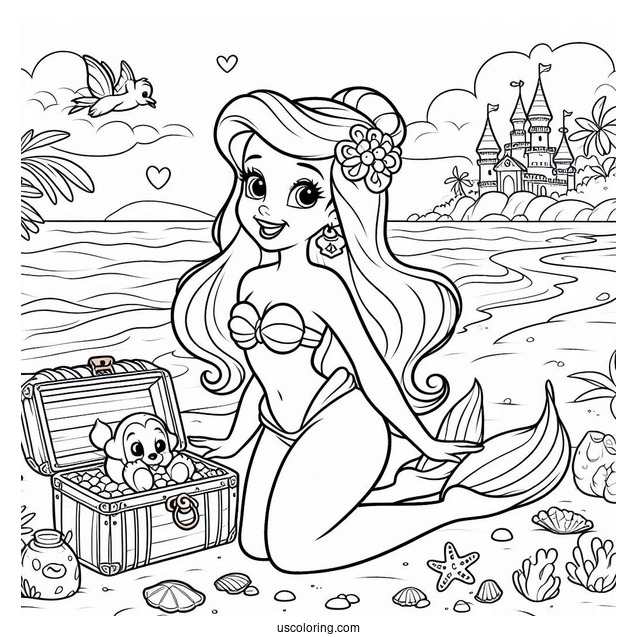 Palace Pets Coloring Page Of Ariel At The Beach With Treasure
