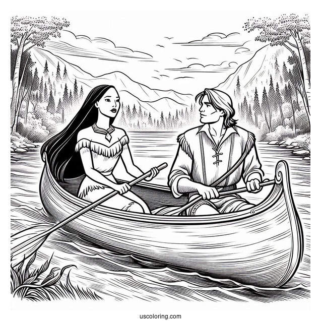 Pocahontas And John Smith On Canoe Coloring In