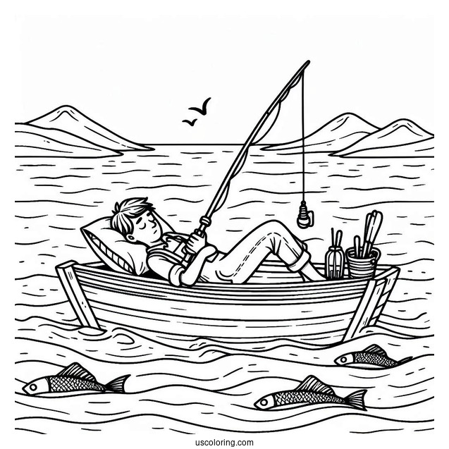 Man Sleeping On A Boat While Fishing Coloring Page In The Sea