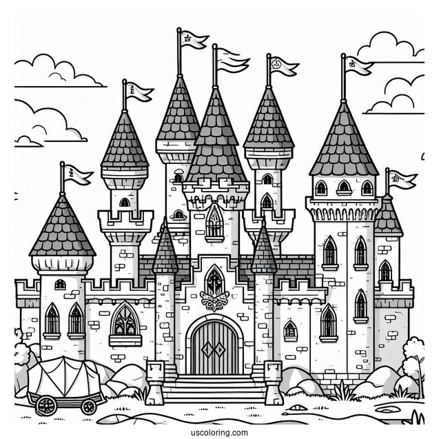 Easy Castle Coloring Page With Flags For Preschoolers