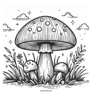 Easy Fly Agaric Mushroom Coloring Page Surrounded By Grass For Kids