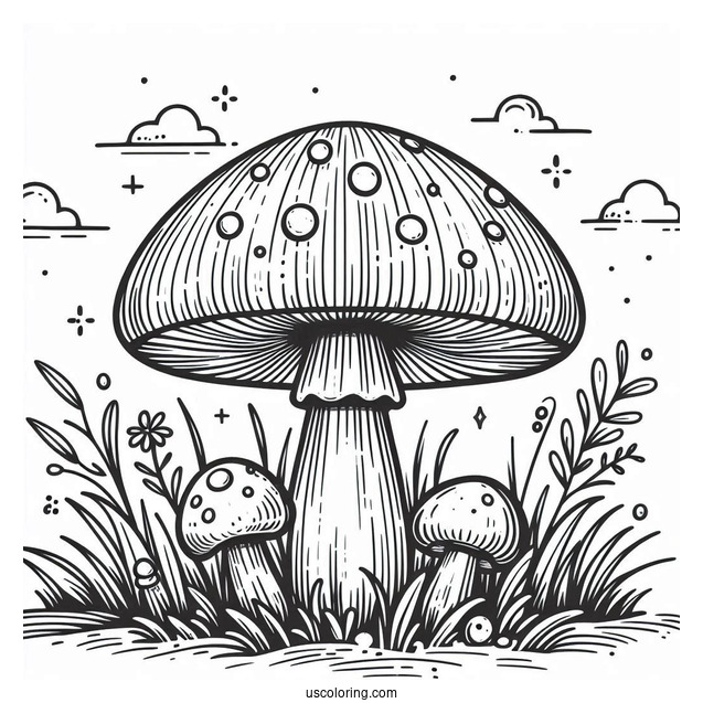 Easy Fly Agaric Mushroom Coloring Page Surrounded By Grass For Kids
