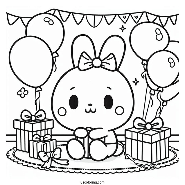 Pochacco Coloring Page Sitting On Floor With Birthday Presents And Balloons