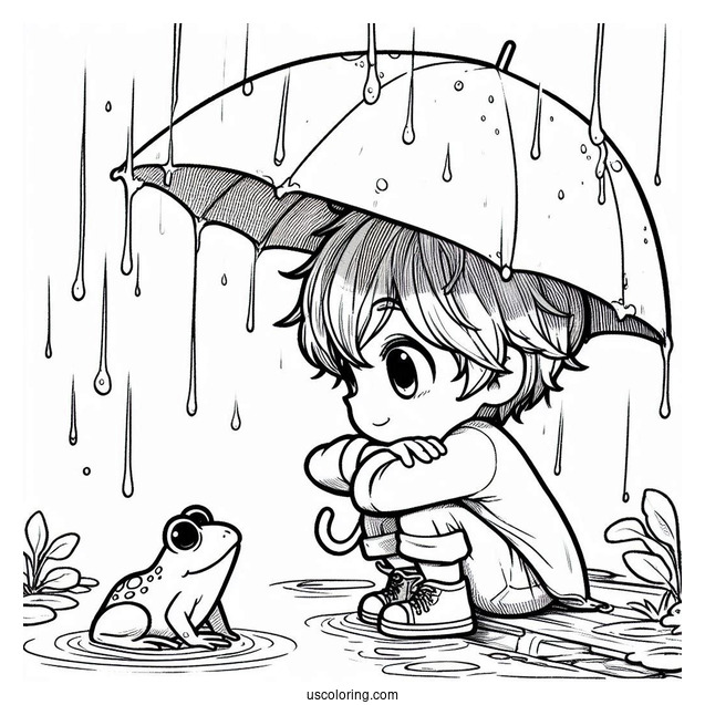 Little Boy Looking At Frog Under The Rain Coloring Page