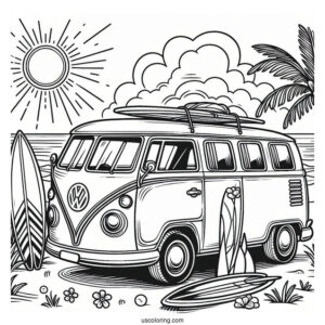 Volkswagen Van With Surfboard Summer Coloring Page