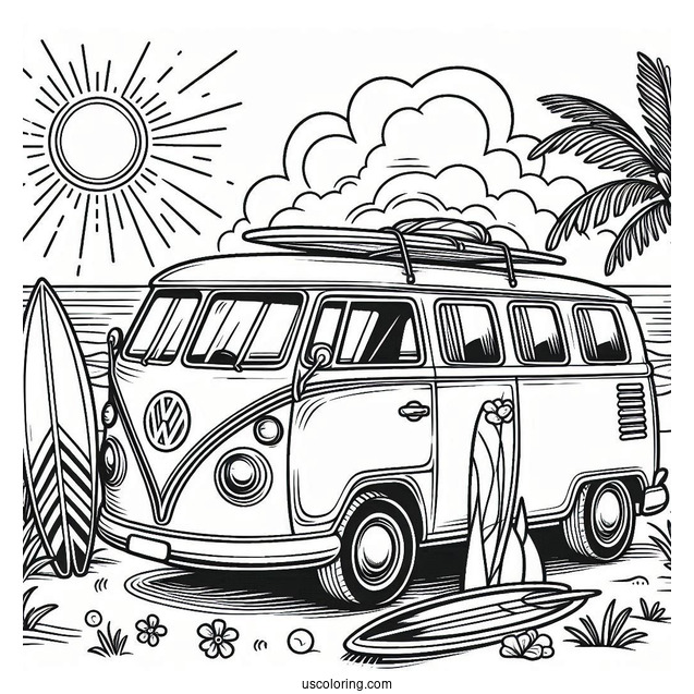 Volkswagen Van With Surfboard Summer Coloring Page