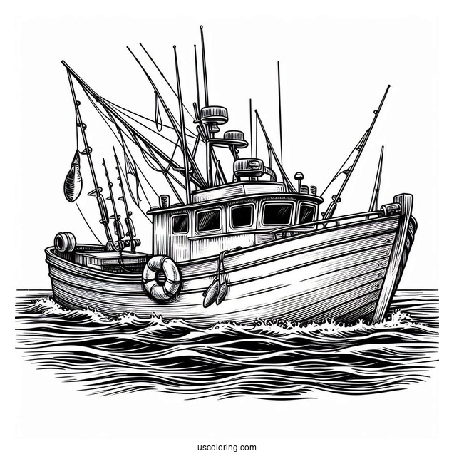 Large Fishing Coloring Page Boat In The Middle Of The Sea