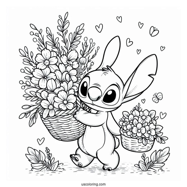Stitch Carrying A Basket Of Flowers In Spring Coloring Page For Kids