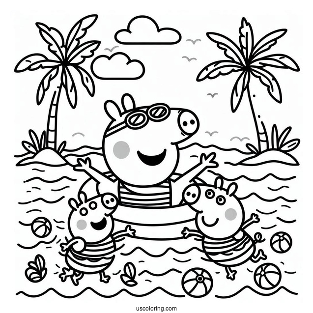 Swimming Coloring Page Of Mummy Pig Teaching George Pig And Peppa Pig To Swim