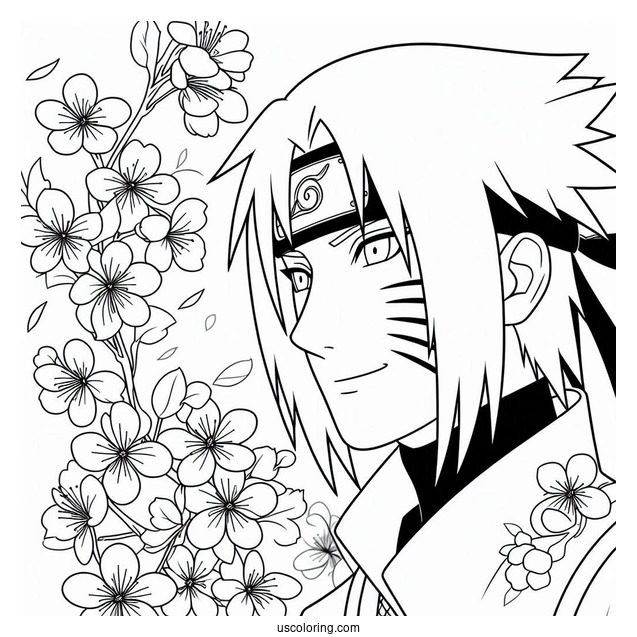Uchiha Sasuke Coloring Page Smiling At Cherry Blossoms