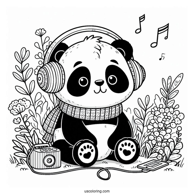 Cool Panda Coloring Page Listening to Music with Headphones in the Garden