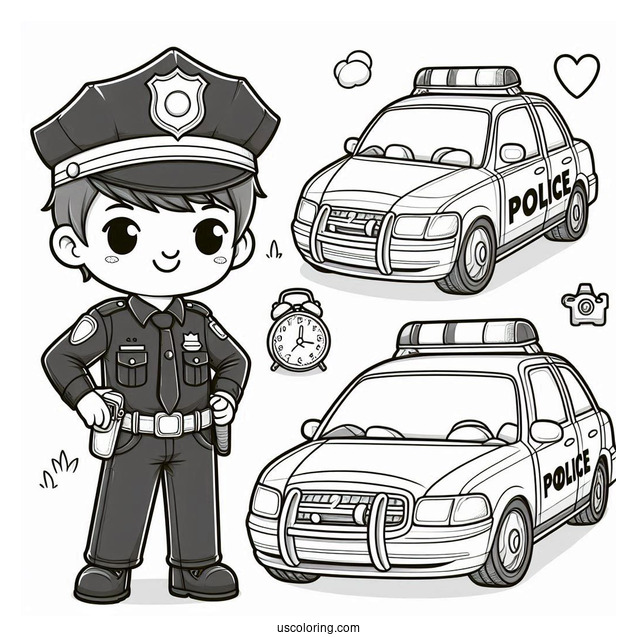 Cartoon Police Officer Next To His Police Car Coloring Page