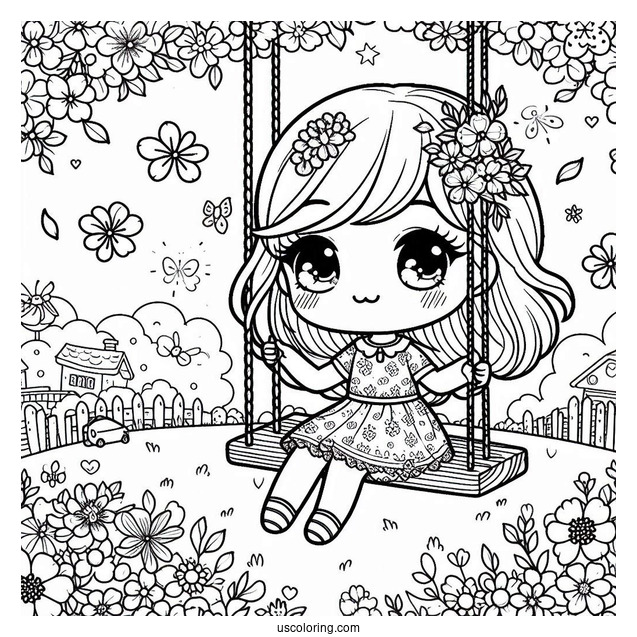 Kawaii Girl On Floral Swing In Spring Coloring Page Coloring Page For Kids