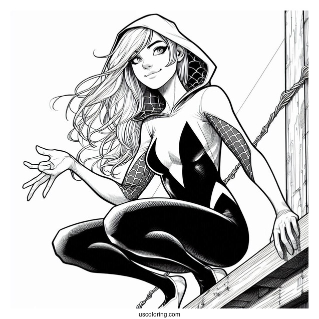 Spider-Gwen Coloring Page On The Edge Of A Building Holding Her Hand Out