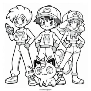 Team Rocket Jessie, James, and Meowth Coloring Page