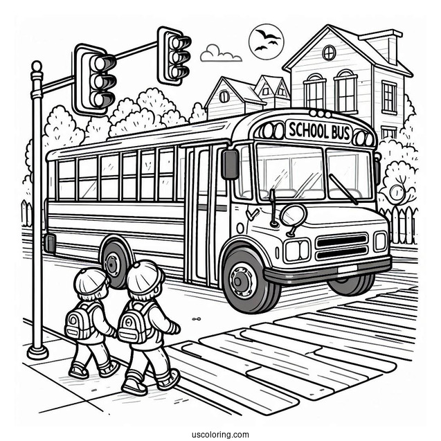 School Bus Coloring Page Waiting For Kids To Cross The Street