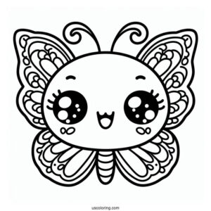 Smiling Kawaii Butterfly Coloring Page For Kids