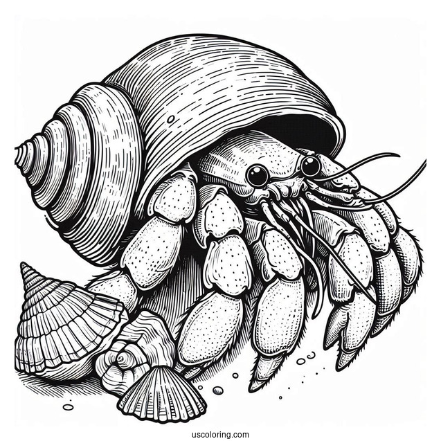 Detailed Hermit Crab Coloring Page In Shell
