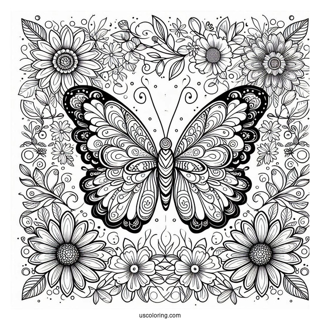 Grand Butterfly Coloring Page Mandala Surrounded By Flowers