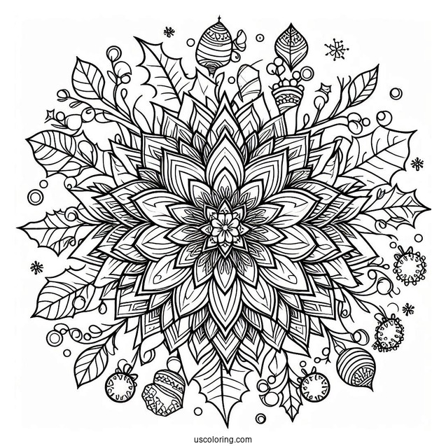 Flower Christmas Mandala Coloring Page Surrounded By Mistletoes