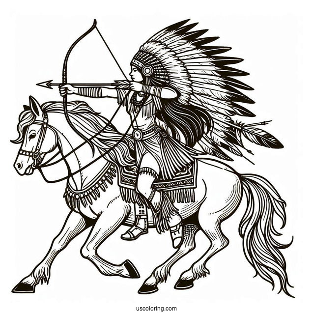 Native American Coloring Page Chief Shooting Arrow While Riding Horse