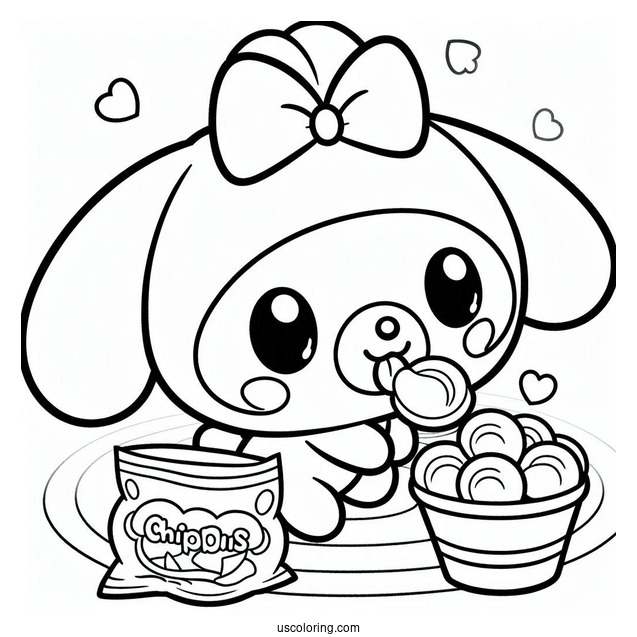 My Melody Coloring Page Feeding Zou Chips