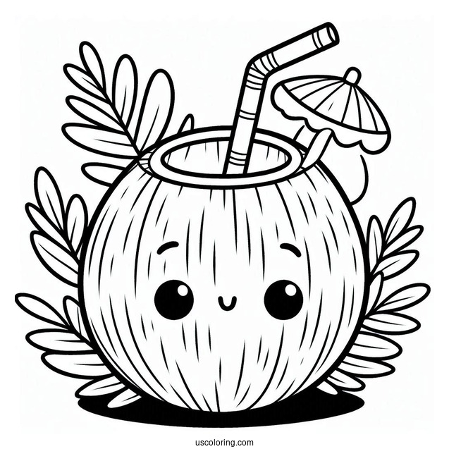 Cartoon Coconut Coloring Page Drink With Straw For Preschoolers