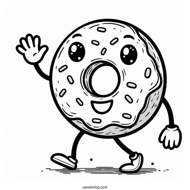 Smiling Cartoon Donut Coloring Page Waving Hand For Kids