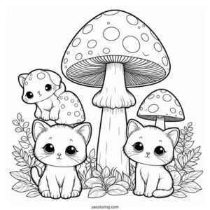 Kittens Sitting On Tall Mushroom Coloring Page
