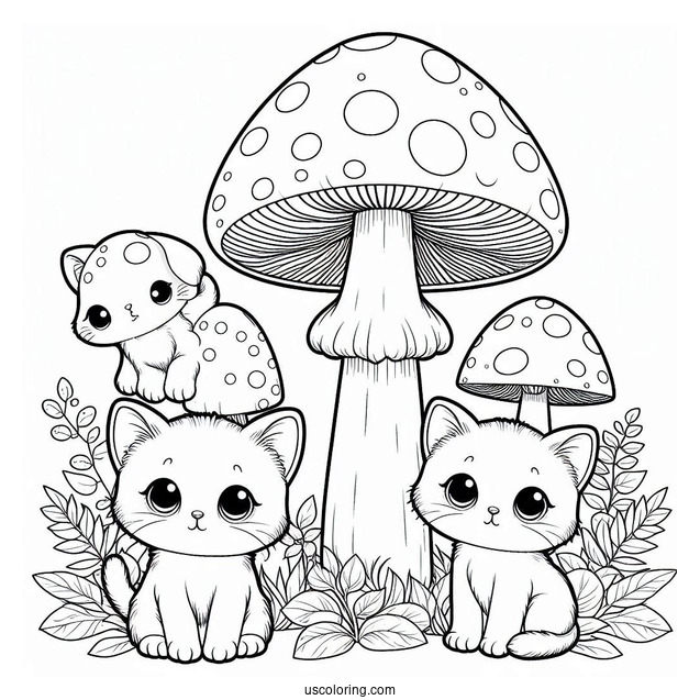 Kittens Sitting On Tall Mushroom Coloring Page